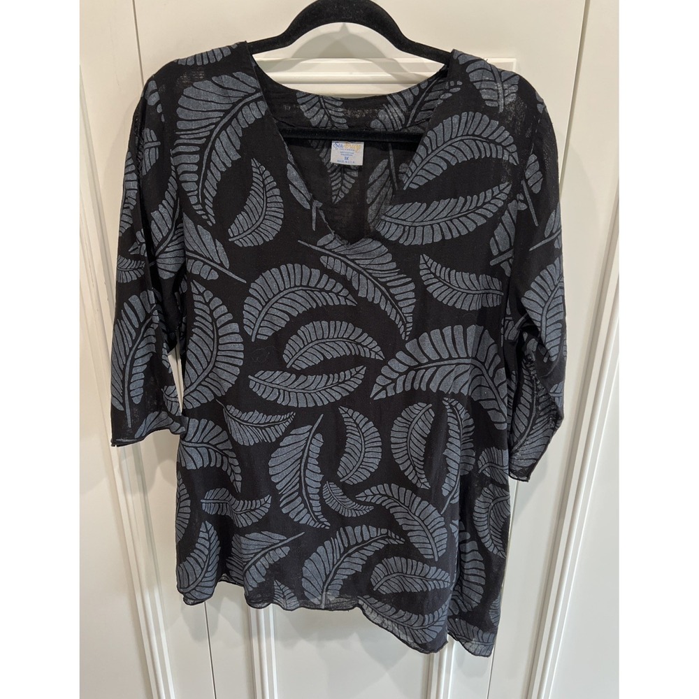Sea Breeze Of California Cotton Tunic 1X Black & Gray‎ Beach Resort Asymmetric